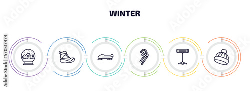 winter infographic element with outline icons and 6 step or option. winter icons such as snow globe, snow boot, bobsled, candy cane, electric heater, winter cap vector.