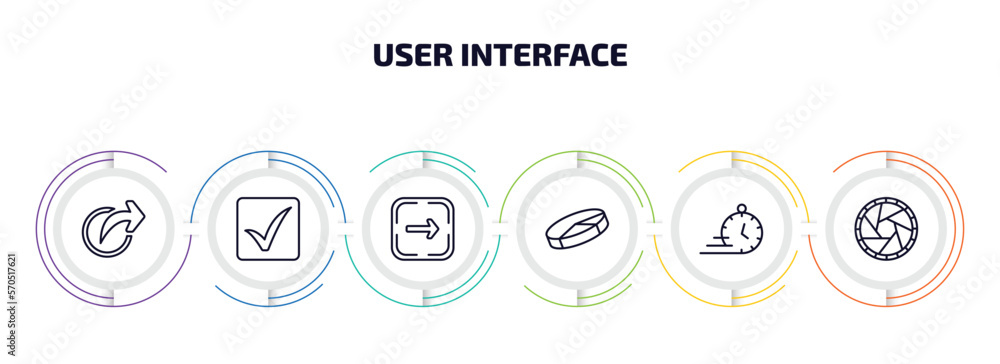 user interface infographic element with outline icons and 6 step or option. user interface icons such as share, check square, go, 3d pie chart, express, shutter vector. user interface infographic element with outline icons and 6 step or option. user interface icons such as share, check square, go, 3d pie chart, express, shutter vector.