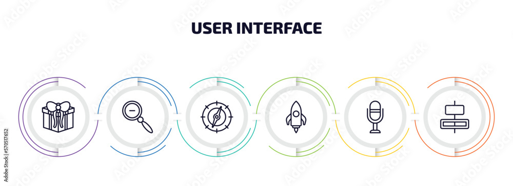 user interface infographic element with outline icons and 6 step or option. user interface icons such as giftbox, zoom out, navigator, rocket launch, voice recorder, horizontal alignment vector.