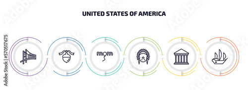 united states of america infographic element with outline icons and 6 step or option. united states of america icons such as golden state, thanksgiving ornament, mother's day, american native,