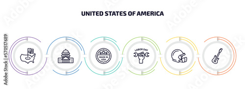 united states of america infographic element with outline icons and 6 step or option. united states of america icons such as united states, capitol, made in usa, labor day, rugby helmet, electric