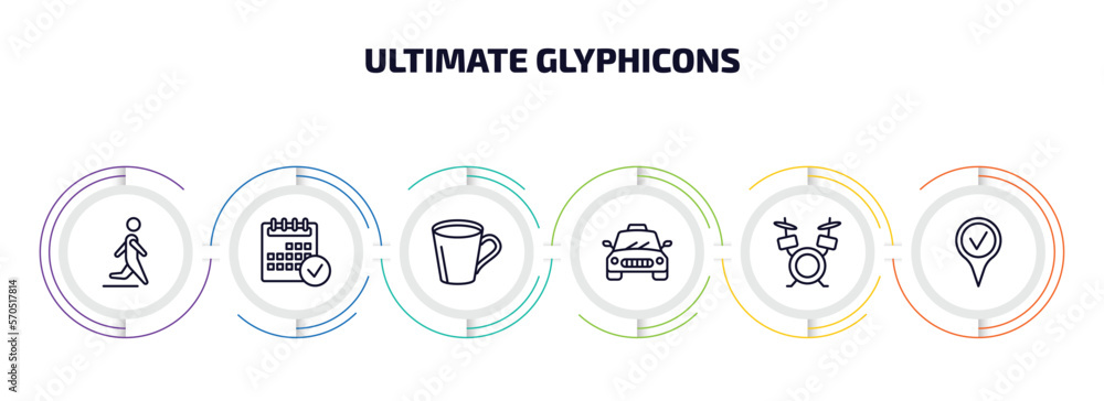 ultimate glyphicons infographic element with outline icons and 6 step or option. ultimate glyphicons icons such as man walking to right, calendar checked, big cup, taxi fron view, band, checked pin ultimate glyphicons infographic element with outline icons and 6 step or option. ultimate glyphicons icons such as man walking to right, calendar checked, big cup, taxi fron view, band, checked pin