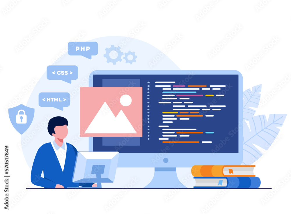 Web development. programming languages. css, html, it, ui. programmer cartoon character developing website, coding. flat illustration banner Web development. programming languages. css, html, it, ui. programmer cartoon character developing website, coding. flat illustration banner