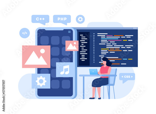 Web development. programming languages. css, html, it, ui. programmer cartoon character developing website, coding. flat illustration banner © yelosmiley
