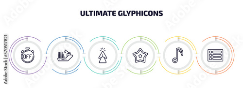ultimate glyphicons infographic element with outline icons and 6 step or option. ultimate glyphicons icons such as timer off, cargo boat, mouse up arrow, star point, big music note, menu bars
