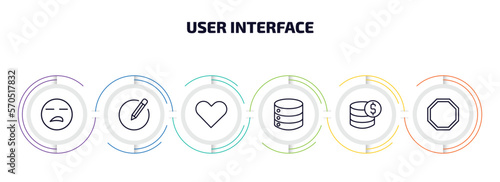 user interface infographic element with outline icons and 6 step or option. user interface icons such as boring, editor, hearth, disk storage, earn money, eighties vector.