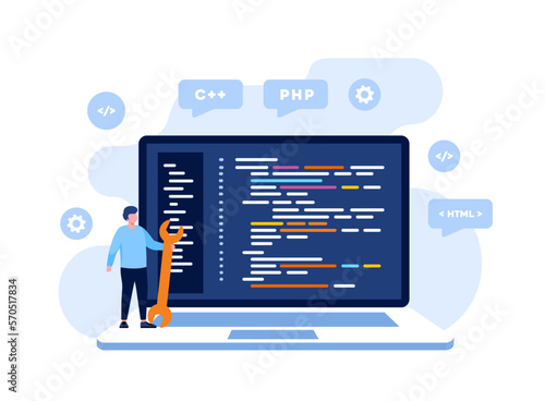 Web development. programming languages. css, html, it, ui. programmer cartoon character developing website, coding. flat illustration banner