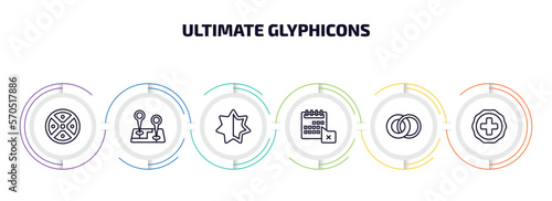 ultimate glyphicons infographic element with outline icons and 6 step or option. ultimate glyphicons icons such as circle menu, map locator, empty star, calendar with letter x, two circles, plus