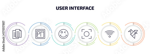 user interface infographic element with outline icons and 6 step or option. user interface icons such as paper work, premier, winking smile, auto focus, , paper bird vector.
