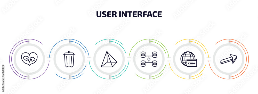 user interface infographic element with outline icons and 6 step or option. user interface icons such as ecologic heart, recycling container, triangular pyramid, data interconnected, window