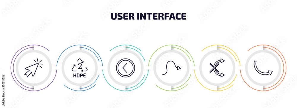 user interface infographic element with outline icons and 6 step or option. user interface icons such as mouse arrow, hdpe 2, round left button, sketched arrow, no tittling, round right arrow user interface infographic element with outline icons and 6 step or option. user interface icons such as mouse arrow, hdpe 2, round left button, sketched arrow, no tittling, round right arrow