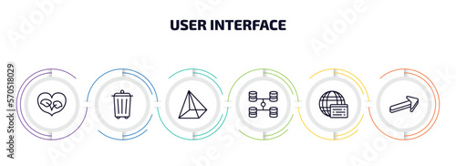 user interface infographic element with outline icons and 6 step or option. user interface icons such as ecologic heart, recycling container, triangular pyramid, data interconnected, window