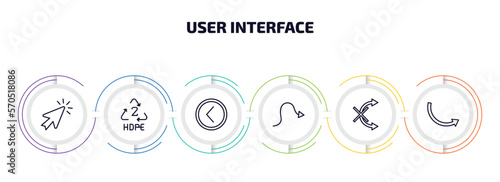 user interface infographic element with outline icons and 6 step or option. user interface icons such as mouse arrow, hdpe 2, round left button, sketched arrow, no tittling, round right arrow