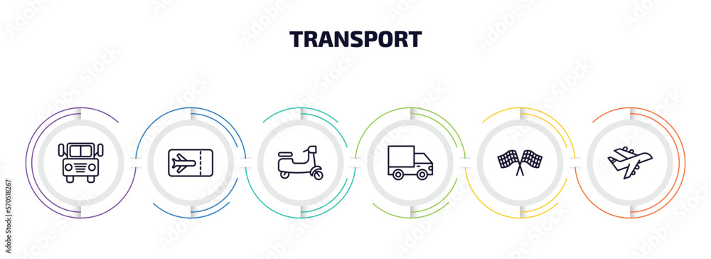 transport infographic element with outline icons and 6 step or option. transport icons such as prison bus, plane tickets, scooter bike, heavy vehicle, motorsport, planes vector. transport infographic element with outline icons and 6 step or option. transport icons such as prison bus, plane tickets, scooter bike, heavy vehicle, motorsport, planes vector.