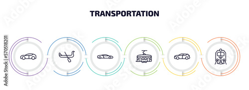 transportation infographic element with outline icons and 6 step or option. transportation icons such as electro car, gondola, sport car, tramway, suv, train front vector.