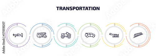 transportation infographic element with outline icons and 6 step or option. transportation icons such as crop duster, camper car, all terrain vehicle, eco-friendly transport, hydroplane, funicular
