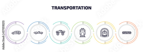 transportation infographic element with outline icons and 6 step or option. transportation icons such as minivan, cabriolet, monster truck, metro, train in a tunnel, light rail vector.