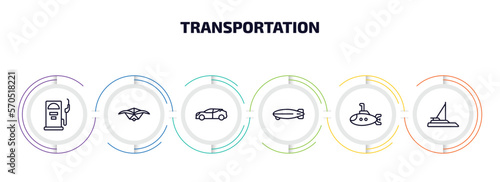 transportation infographic element with outline icons and 6 step or option. transportation icons such as fuel dispenser, hang glider, hybrid car, dirigible, small submarine, catamaran vector.