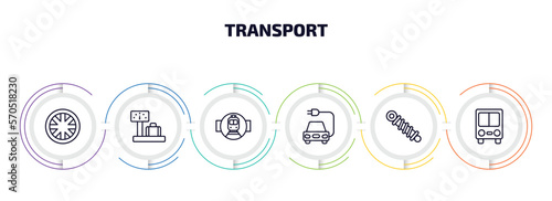 transport infographic element with outline icons and 6 step or option. transport icons such as alloy wheel, airport checking, tram stop label, electric car, shock breaker, public transport vector.