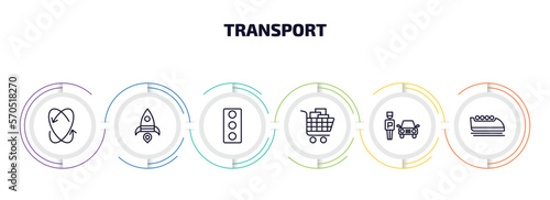 transport infographic element with outline icons and 6 step or option. transport icons such as movement, space rocket launch, car traffic, cart with boxes, parking men, bobsleigh vector.