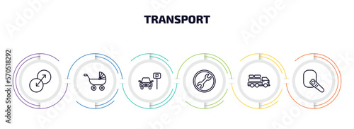 transport infographic element with outline icons and 6 step or option. transport icons such as transition, pram, car parking, repair, cargo truck, hands free device vector.