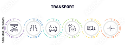 transport infographic element with outline icons and 6 step or option. transport icons such as lifter, road with broken lines, car, car repair, free transport, slim vector.