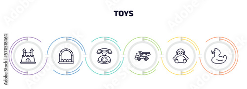 toys infographic element with outline icons and 6 step or option. toys icons such as castle toy, bouncy castle toy, telephone toy, dump truck penguin duck vector.