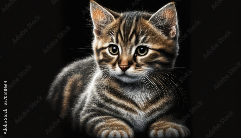 Cute cat on black background, generative ai