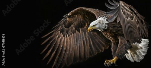 Eagle flying on black background, generative ai