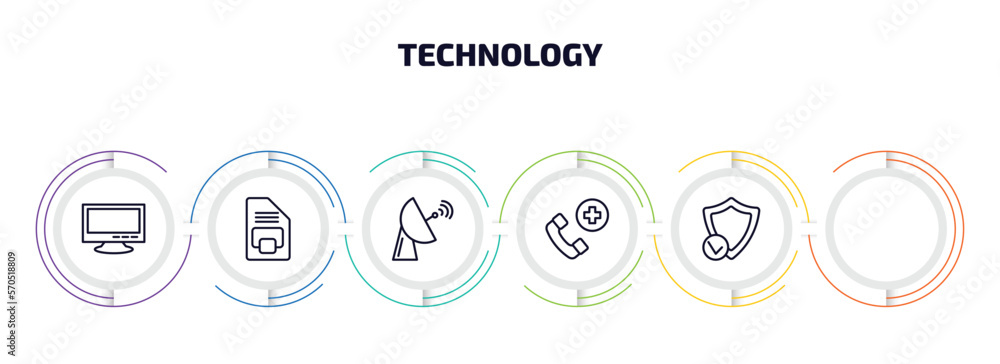 technology infographic element with outline icons and 6 step or option. technology icons such as big tv, big floppy disk, satellite station, basic microphone, hospital phone, safe shield protection technology infographic element with outline icons and 6 step or option. technology icons such as big tv, big floppy disk, satellite station, basic microphone, hospital phone, safe shield protection