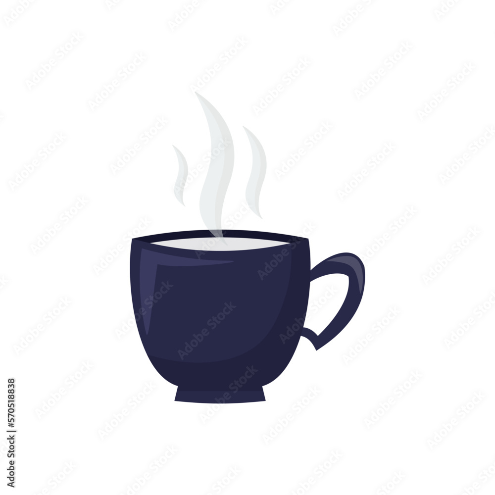 Blue ceramic cup on saucer isolated vector illustration. . Fresh aroma natural coffee americano or espresso. Decorative cartoon design mockup for cafeteria posters. Dishware for drinks Blue ceramic cup on saucer isolated vector illustration. . Fresh aroma natural coffee americano or espresso. Decorative cartoon design mockup for cafeteria posters. Dishware for drinks