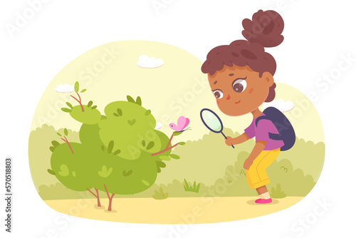Girl holding magnifying glass to watch butterfly sitting on green plant of forest, yard or garden and study nature vector illustration. Cartoon isolated curious smart kid studying summer insects