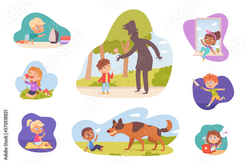 Dangers for children at home and outdoors set, dangerous situations, risk of injury