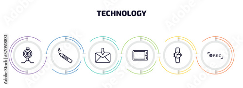 technology infographic element with outline icons and 6 step or option. technology icons such as pitching hine, electronic cigarette, received, horizontal tablet, smart watch, recording vector.