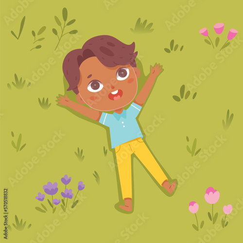 Cute child lying on green grass of summer park with lawn or playground, top view vector illustration. Cartoon boy on meadow, funny child relaxing among plants and flowers during picnic background