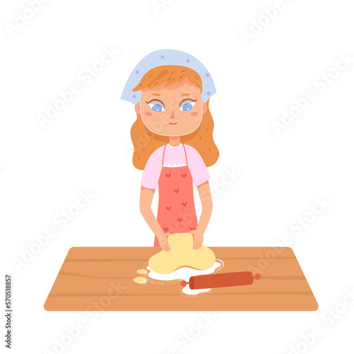 Girl kneading dough with hands, funny female baker in apron making dough for bread