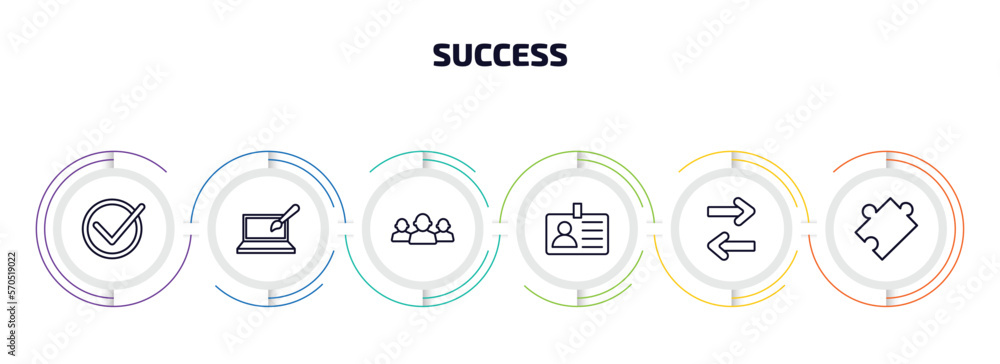 success infographic element with outline icons and 6 step or option. success icons such as accept, web de, leader, identity, exchanging, puzzle vector. success infographic element with outline icons and 6 step or option. success icons such as accept, web de, leader, identity, exchanging, puzzle vector.