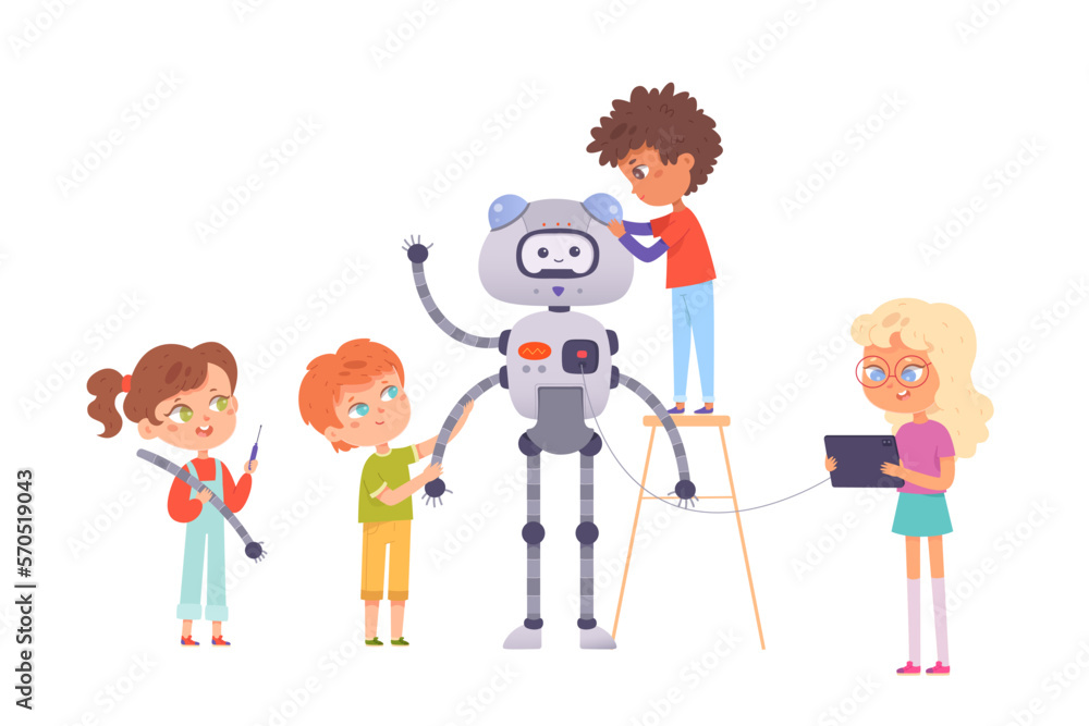 Robot construction by children engineers, talent girls and boys making diy model of robot Robot construction by children engineers, talent girls and boys making diy model of robot