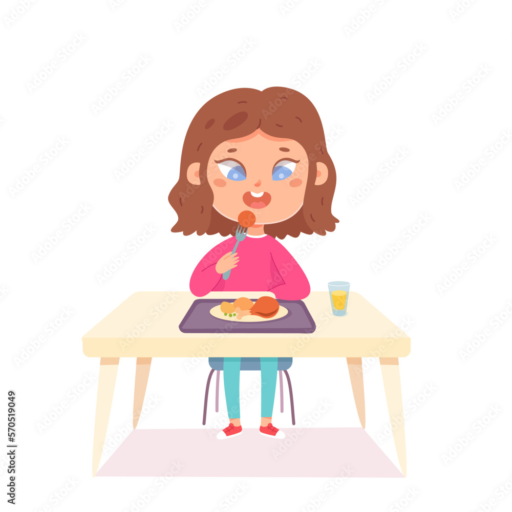 Cute girl eating lunch food in school canteen interior vector ...