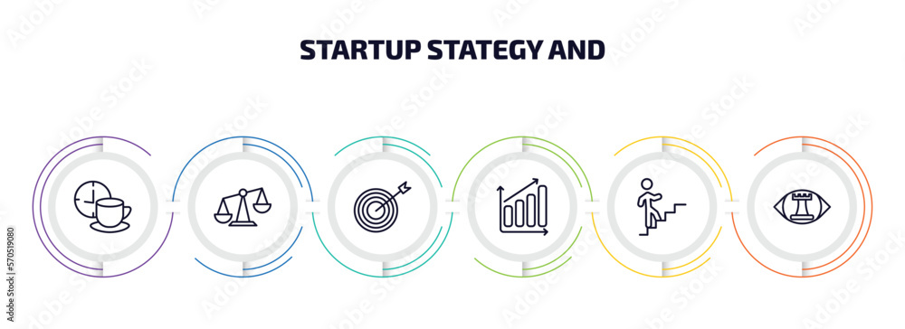 startup stategy and infographic element with outline icons and 6 step or option. startup stategy and icons such as coffee break, balance, mission, profits, career ladder, strategic vision vector. startup stategy and infographic element with outline icons and 6 step or option. startup stategy and icons such as coffee break, balance, mission, profits, career ladder, strategic vision vector.