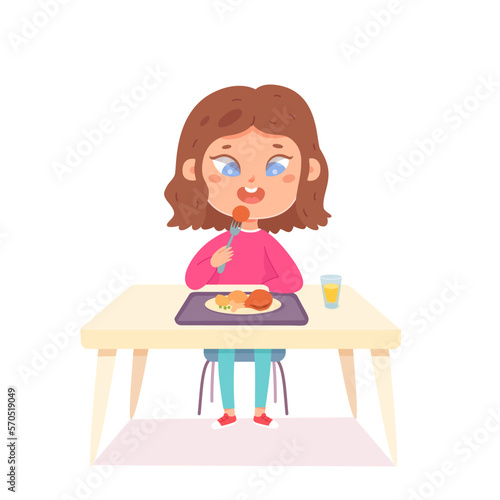Cute girl eating lunch food in school canteen interior vector illustration. Cartoon female school student sitting at table of cafeteria to eat healthy meals in campus cafe at lunchtime