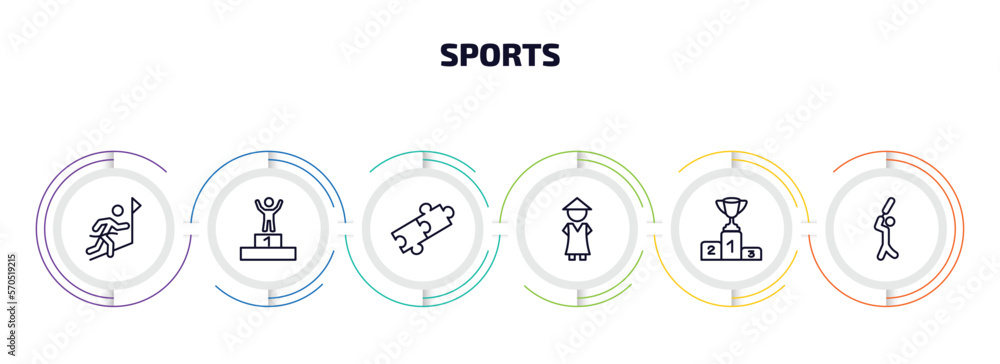 sports infographic element with outline icons and 6 step or option. sports icons such as winning the race, number one athlete, match, sesei, podium with cup, bats man vector. sports infographic element with outline icons and 6 step or option. sports icons such as winning the race, number one athlete, match, sesei, podium with cup, bats man vector.