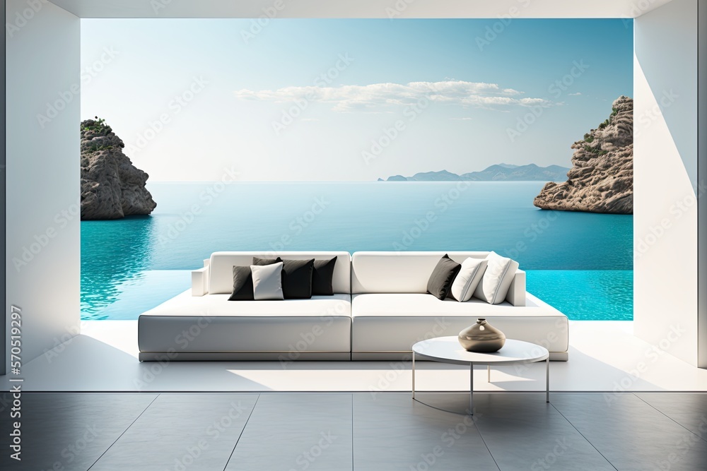 Fototapeta premium Interior of modern living room sofa or couch with beautiful sea view. Generative AI