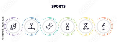 sports infographic element with outline icons and 6 step or option. sports icons such as winning the race, number one athlete, match, sesei, podium with cup, bats man vector.