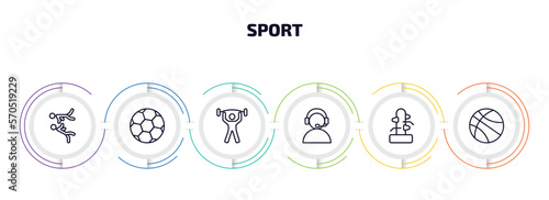 sport infographic element with outline icons and 6 step or option. sport icons such as two judo fighters, soccer ball, exercise gym, commentator, wing chun, basketball vector.