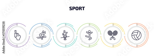 sport infographic element with outline icons and 6 step or option. sport icons such as starting gun, skiing, man balancing, jumping dancer, badminton, volleyball vector.
