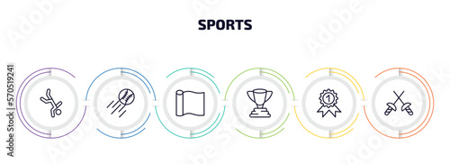 sports infographic element with outline icons and 6 step or option. sports icons such as capoeira, home run, foil, champion, golden medal, medieval fencing vector.