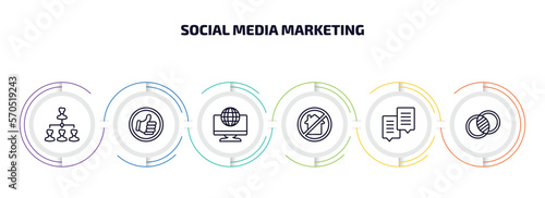 social media marketing infographic element with outline icons and 6 step or option. social media marketing icons such as path, quit a social like, digital marketing, homeless, chat box, overlap