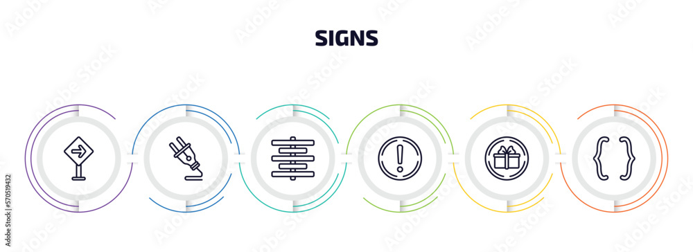 signs infographic element with outline icons and 6 step or option. signs icons such as traffic, plug, align center, exclamation, gift shop, parenthesis vector. signs infographic element with outline icons and 6 step or option. signs icons such as traffic, plug, align center, exclamation, gift shop, parenthesis vector.