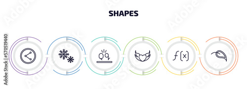 shapes infographic element with outline icons and 6 step or option. shapes icons such as net contents, two snow flakes, letter glow effect, devil heart with wings, function, elliptic vector.